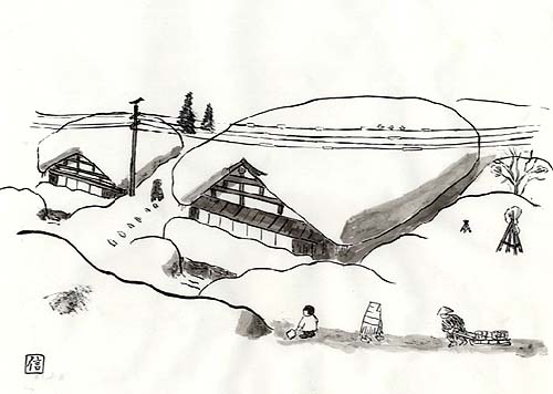 雪に包まれた金澤屋と塩沢の町＝高野信義絵